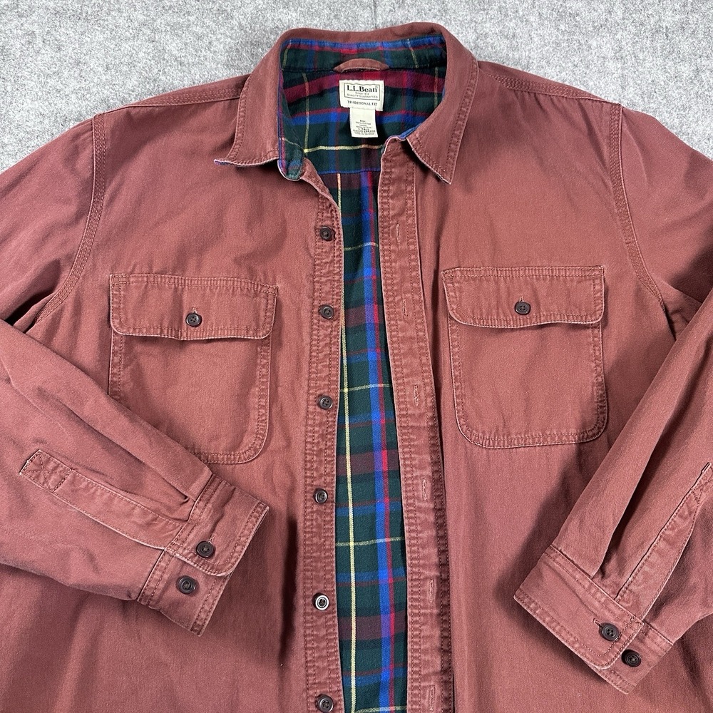 LL Bean Hurricane Shirt Red Canvas Flannel Lined LS Work Button Up Size L Tall